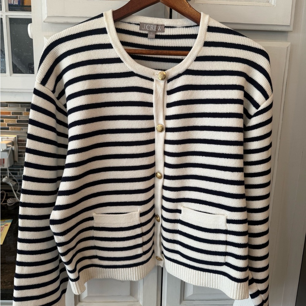 J. Crew Emilie Navy and White Striped Cotton Cardigan